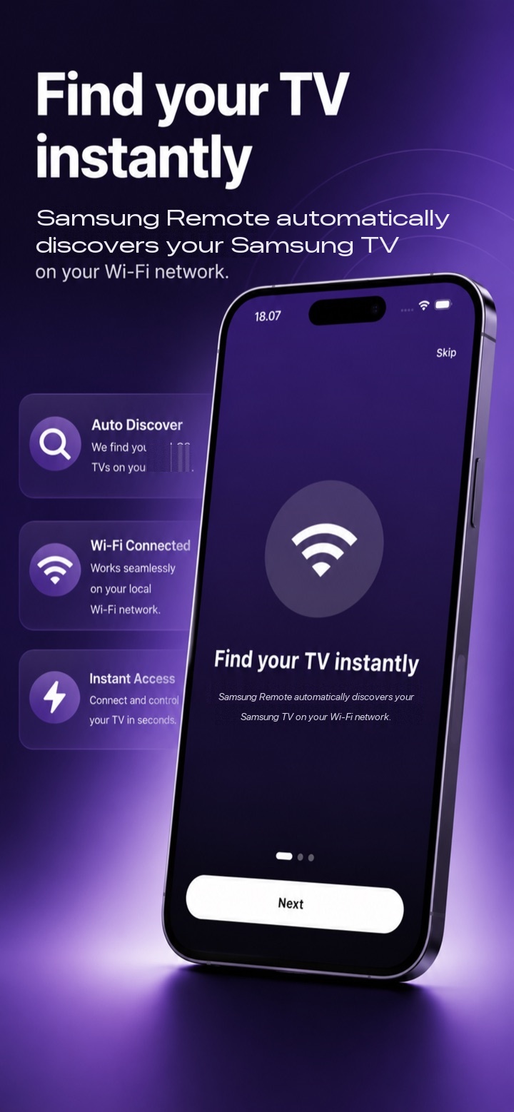 Onboarding screen: Samsung TV Remote automatically discovers your Samsung TV on Wi-Fi