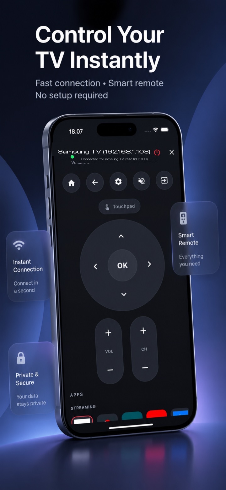 Remote control screen: D-pad, OK, volume and channel controls connected to a Samsung TV